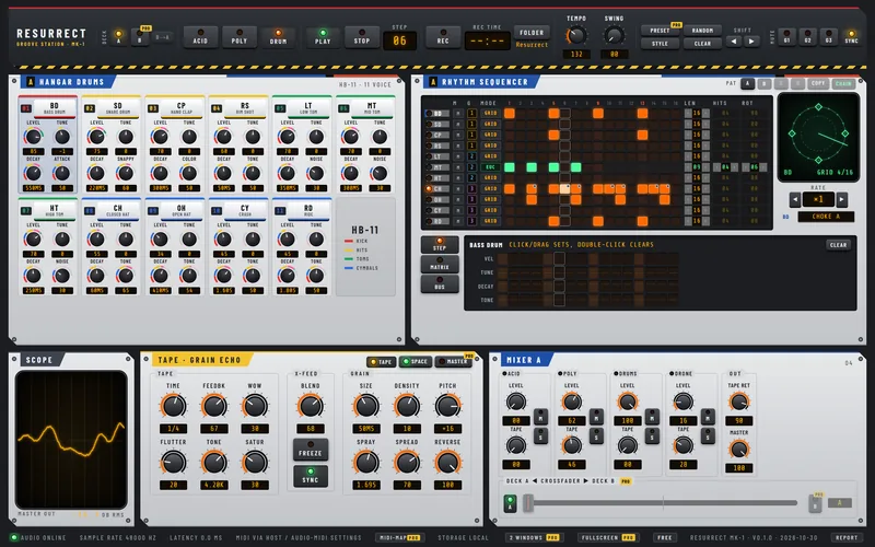 Resurrect: Hangar Drums with eleven voices and a step sequencer