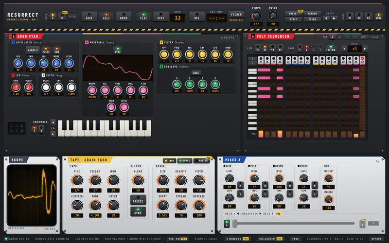 Resurrect: Robo Stab six-voice synth with wavetable screen and piano-roll sequencer