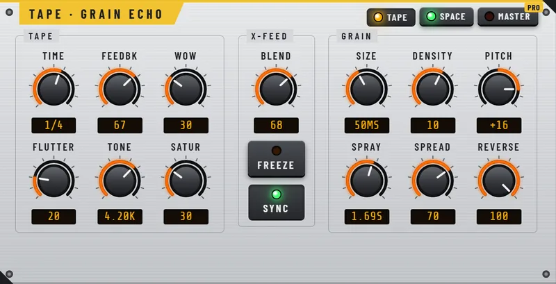 Resurrect: Tape and Grain Echo effect with tape, crossfeed and grain controls